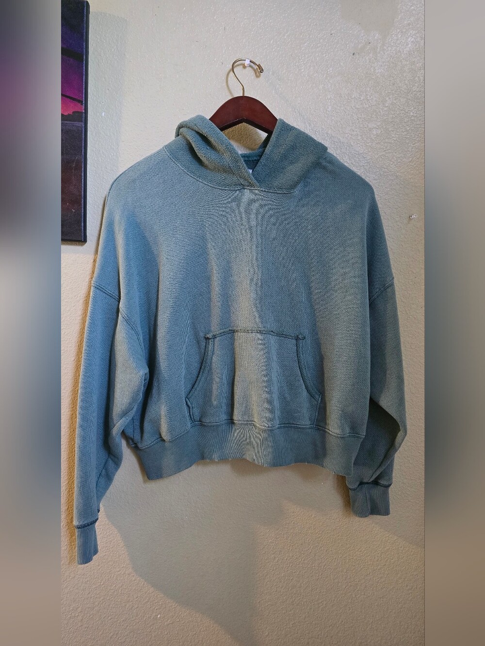 American Eagle Teal Oversizes Pullover Distressed Cropped Hoodie